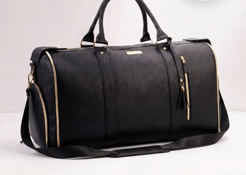 Black Gold Trim Wheeled Leather Carry-On Bag