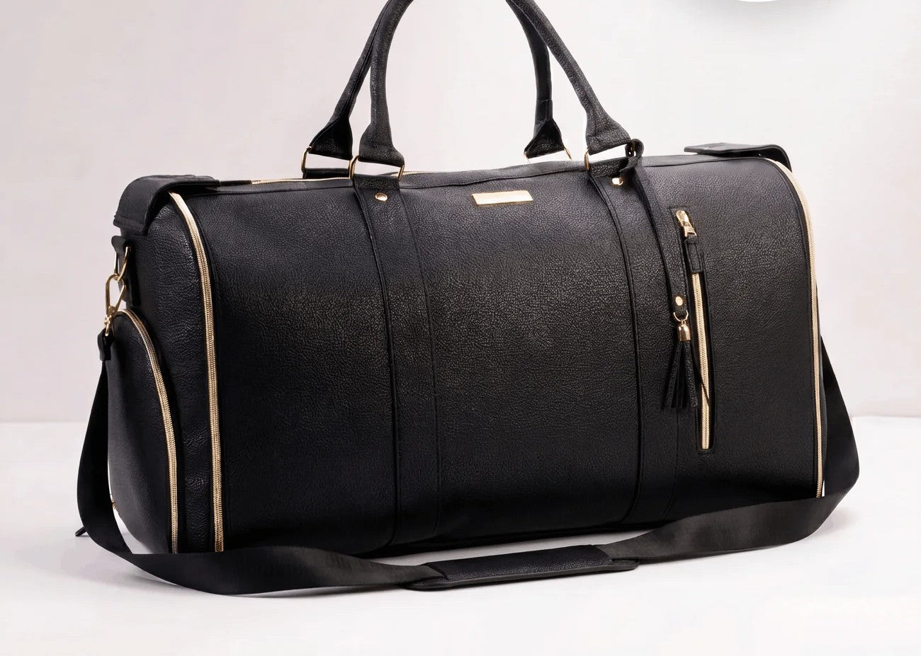 Black Gold Trim Wheeled Leather Carry-On Bag