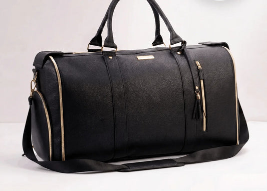 Black Gold Trim Wheeled Leather Carry-On Bag