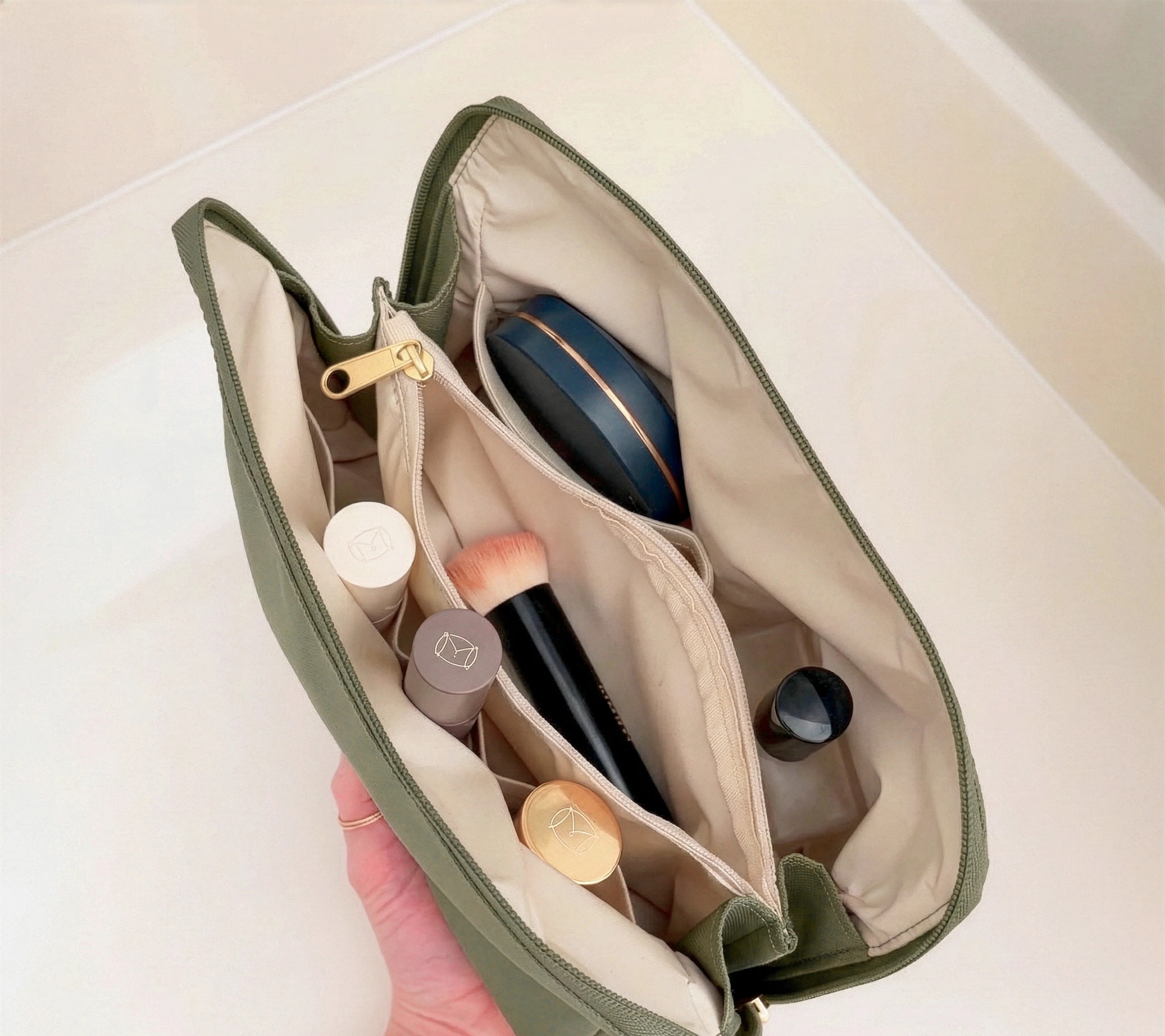 Sage Green Clamshell Multi-Pocket Cosmetic Storage Bag
