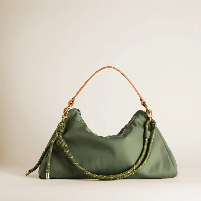 Olive Green Dual-Strap Daily Hobo Bag with Detachable Rope Crossbody Strap