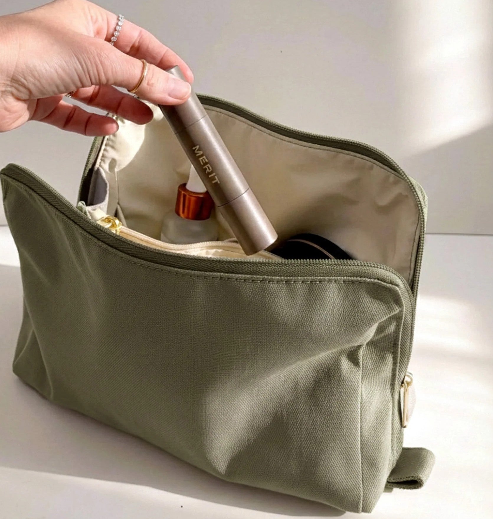 Sage Green Clamshell Multi-Pocket Cosmetic Storage Bag