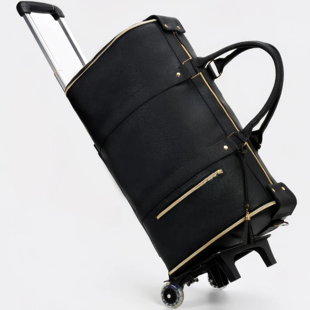 Black Gold Trim Wheeled Leather Carry-On Bag