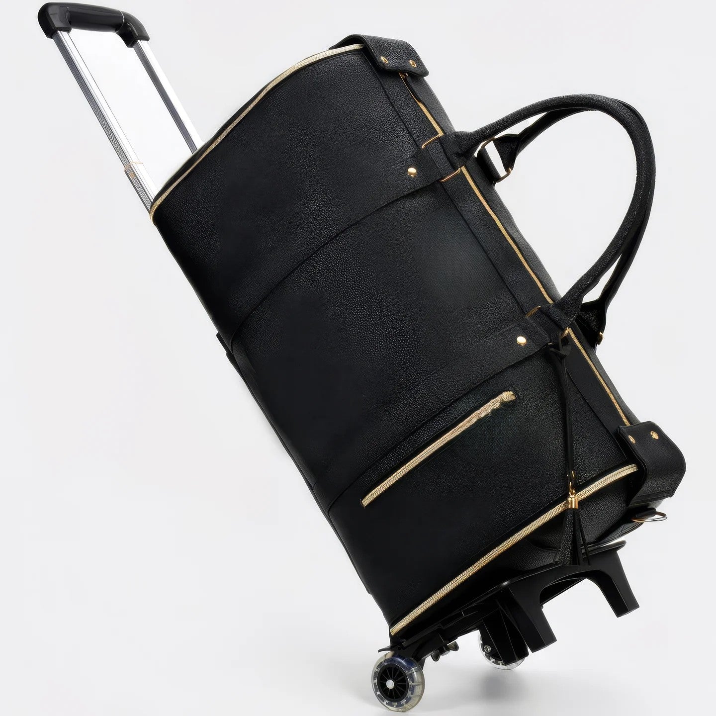 Black Gold Trim Wheeled Leather Carry-On Bag