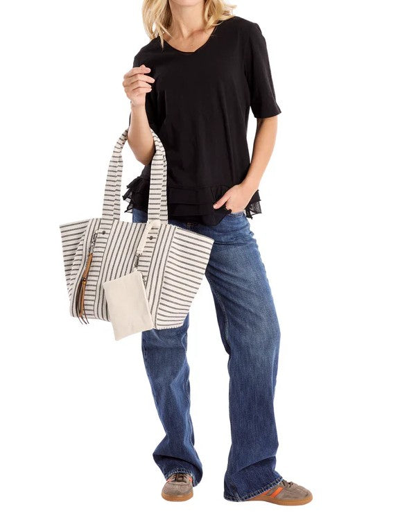 Black White Striped Coastal Vacation Tote Bag with Detachable Mini Pouch & Tassel Charm