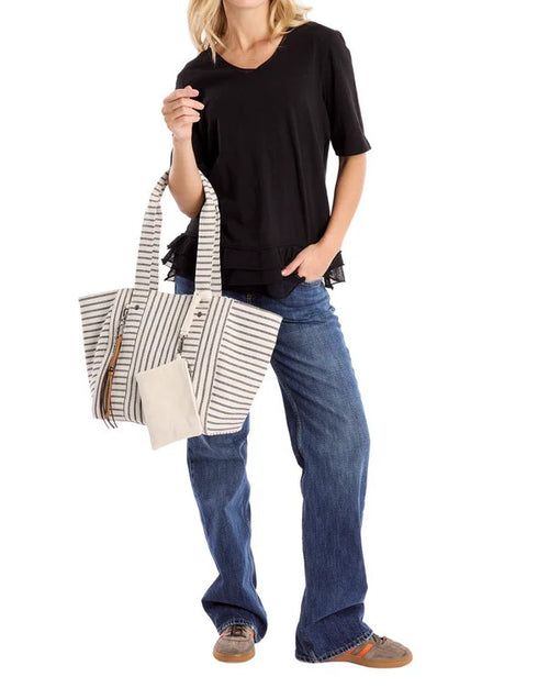 Black White Striped Coastal Vacation Tote Bag with Detachable Mini Pouch & Tassel Charm