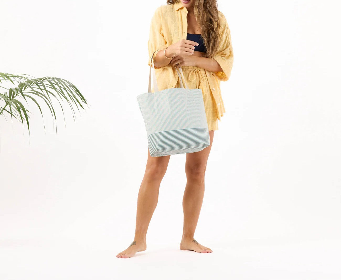 Two-Tone Striped Reversible Daily Carry Tote Bag with Wide Fabric Handles