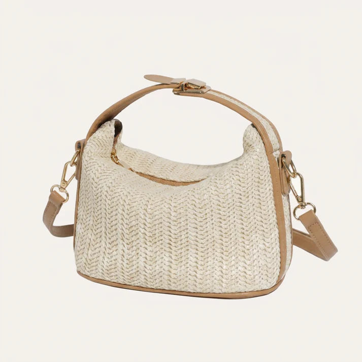 Cream Woven Mini Outing Crossbody Bag with Tan Trim & Metal Buckle