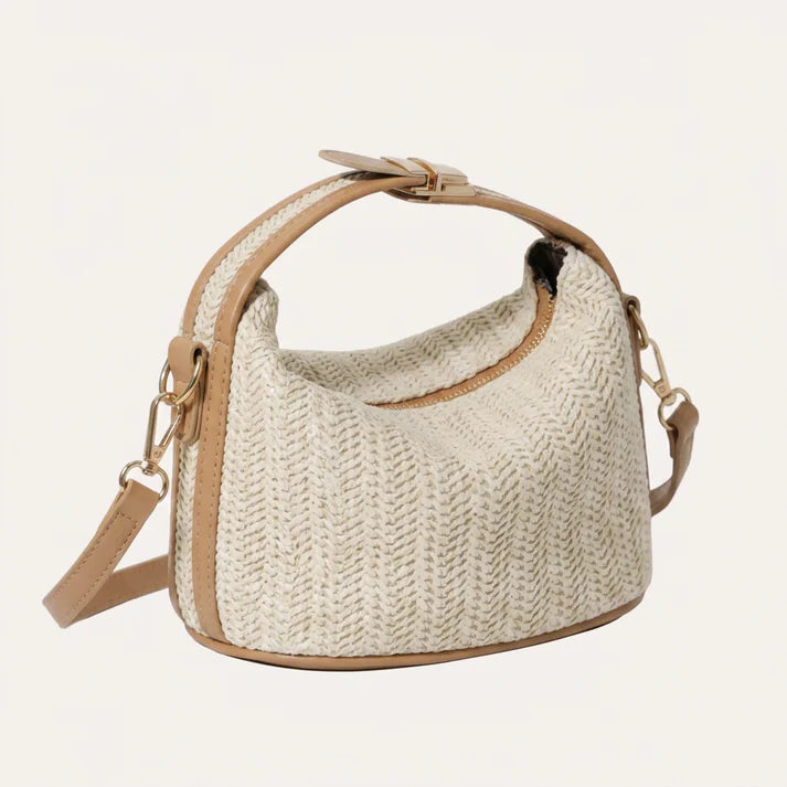 Cream Woven Mini Outing Crossbody Bag with Tan Trim & Metal Buckle