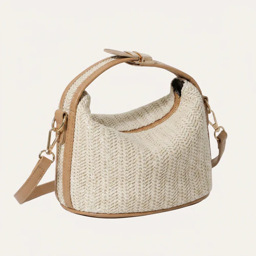 Cream Woven Mini Outing Crossbody Bag with Tan Trim & Metal Buckle