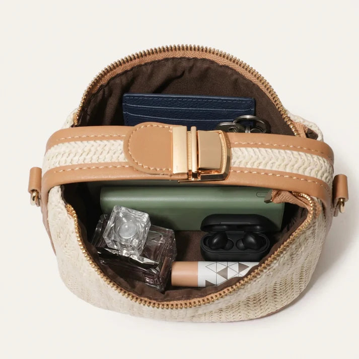 Cream Woven Mini Outing Crossbody Bag with Tan Trim & Metal Buckle