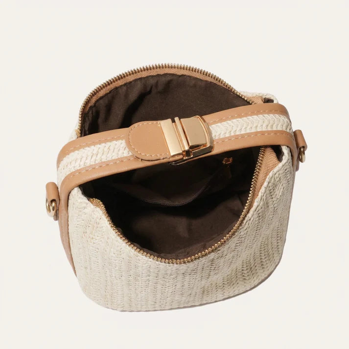 Cream Woven Mini Outing Crossbody Bag with Tan Trim & Metal Buckle