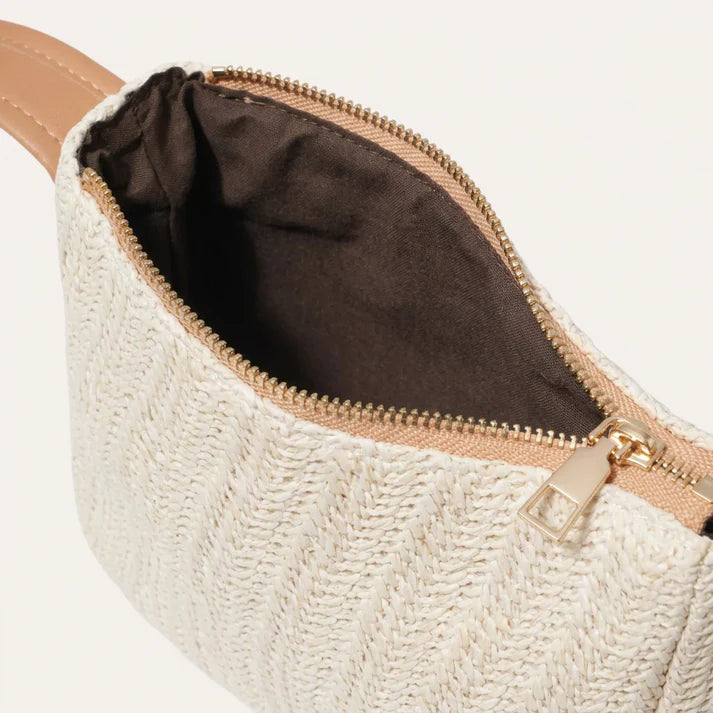 Cream Woven Mini Outing Crossbody Bag with Tan Trim & Metal Buckle