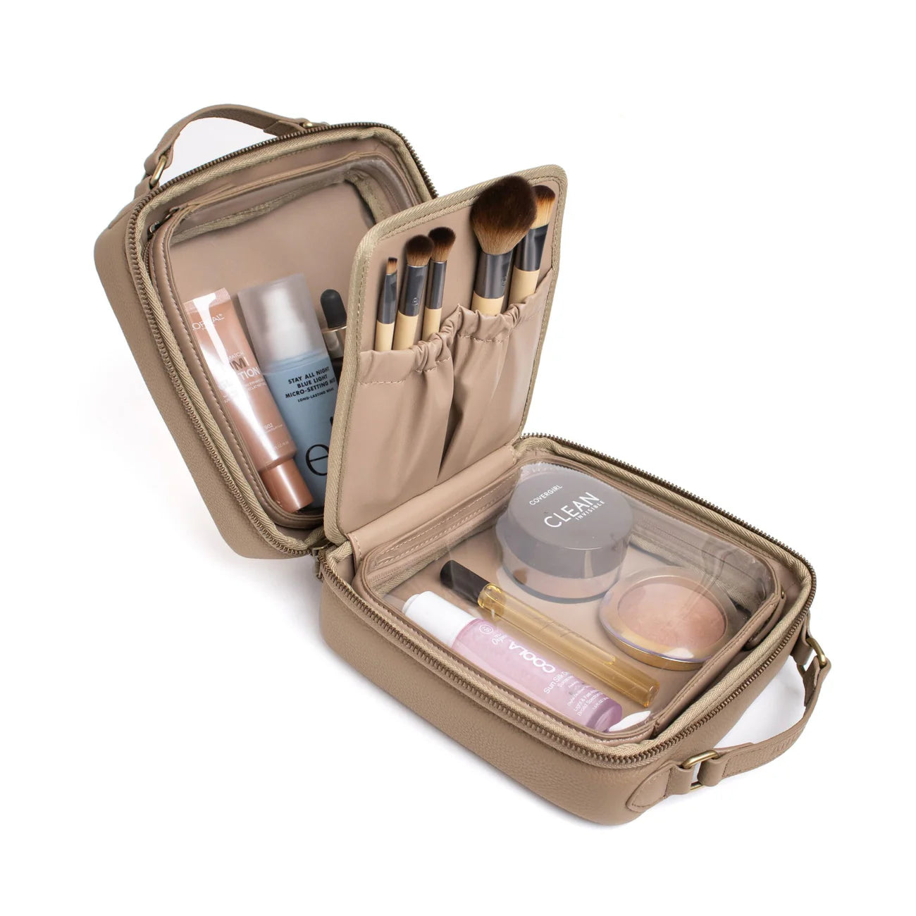 Expandable Khaki Multi-Compartment Makeup Organizer Bag