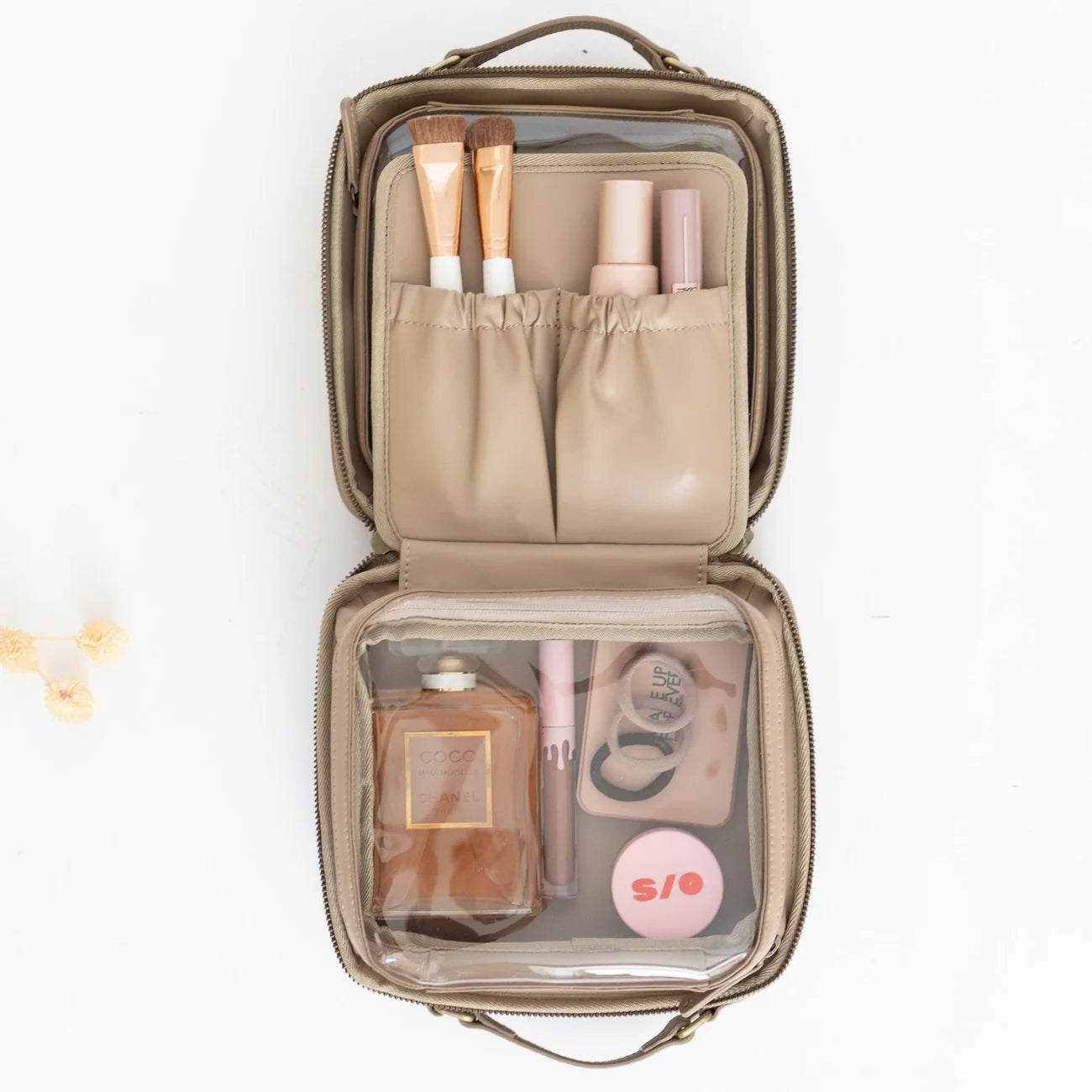 Expandable Khaki Multi-Compartment Makeup Organizer Bag