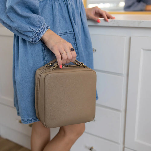 Expandable Khaki Multi-Compartment Makeup Organizer Bag