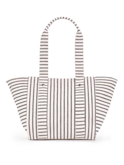 Black White Striped Coastal Vacation Tote Bag with Detachable Mini Pouch & Tassel Charm