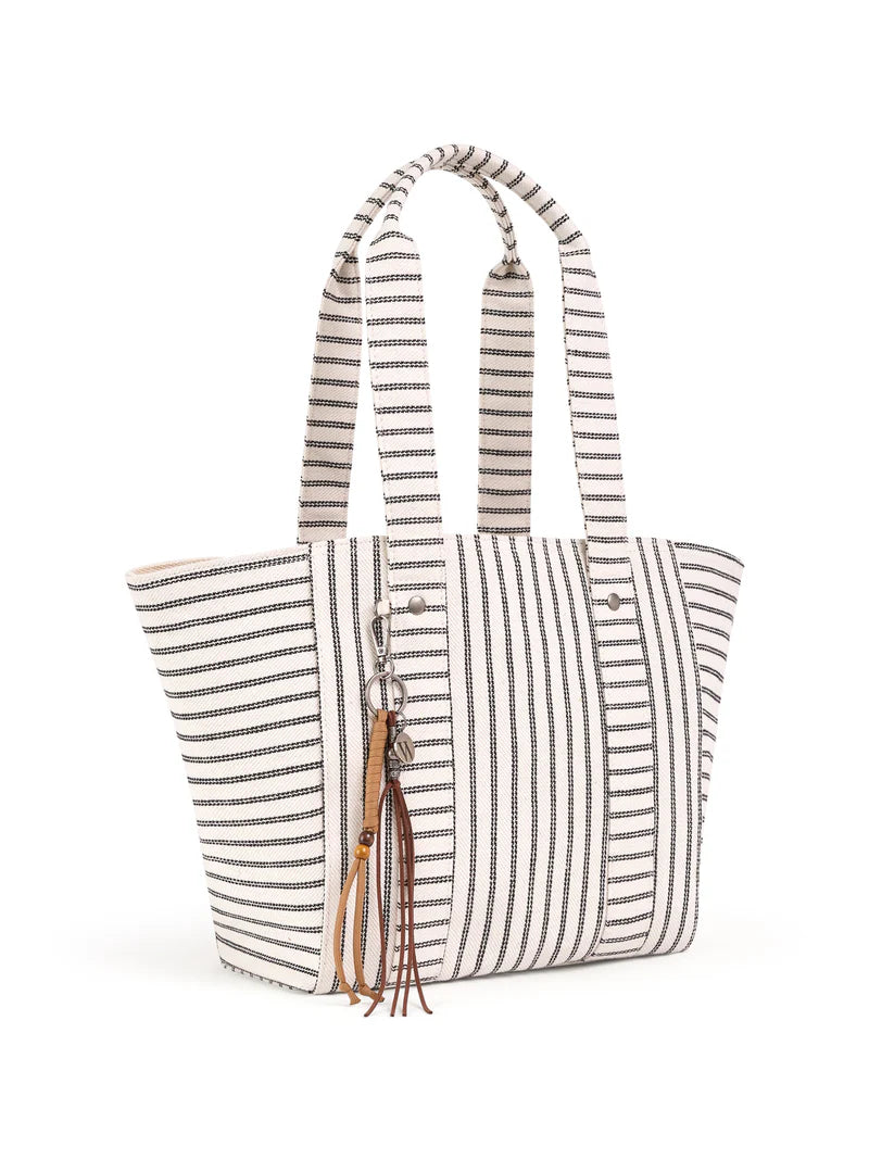 Black White Striped Coastal Vacation Tote Bag with Detachable Mini Pouch & Tassel Charm