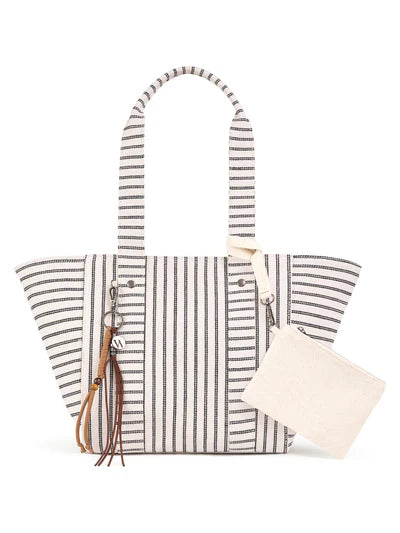 Black White Striped Coastal Vacation Tote Bag with Detachable Mini Pouch & Tassel Charm