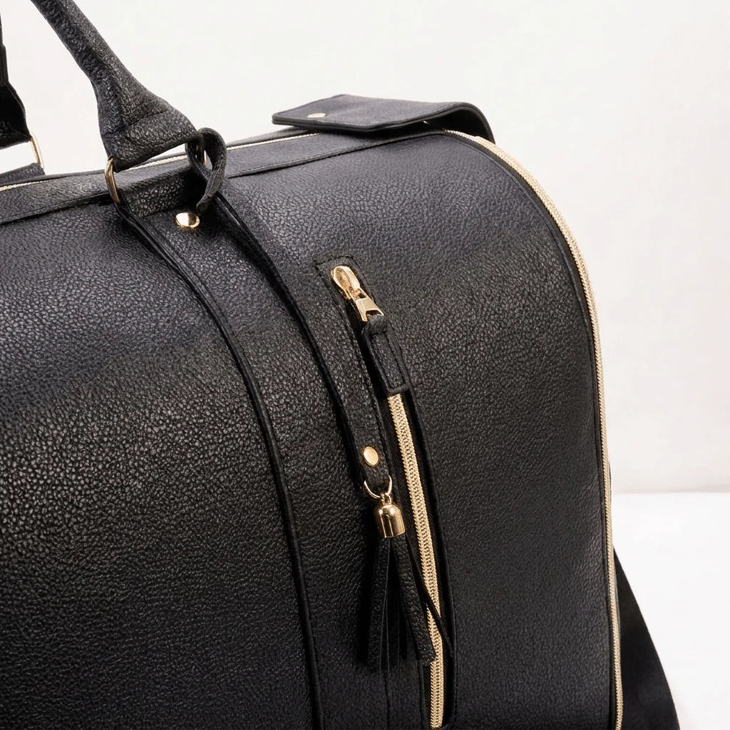 Black Gold Trim Wheeled Leather Carry-On Bag