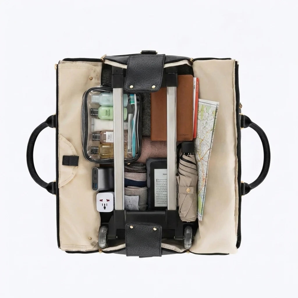 Black Gold Trim Wheeled Leather Carry-On Bag